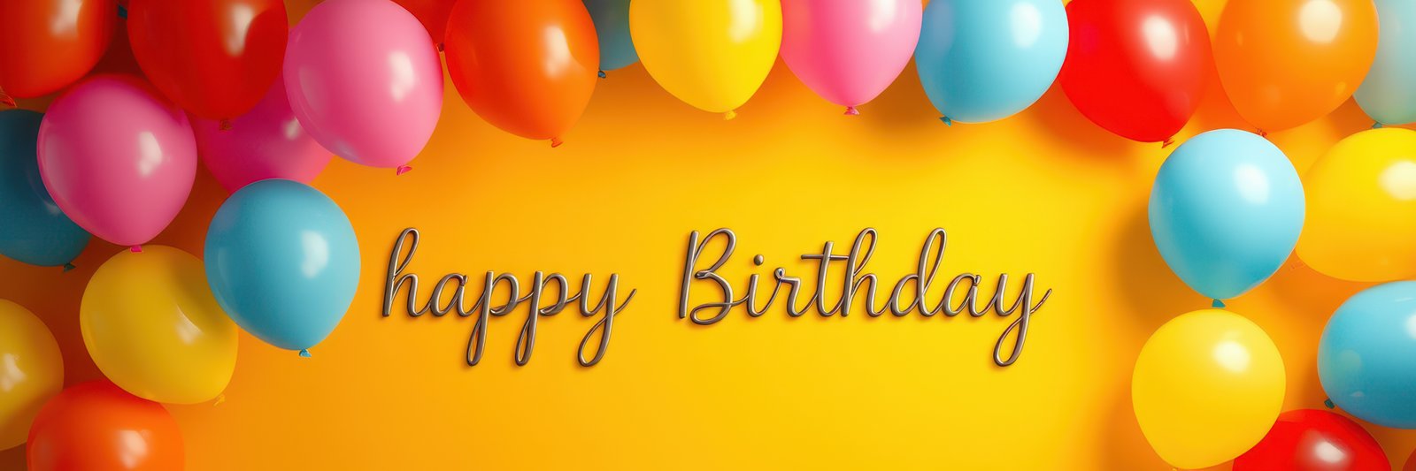 Colorful balloons frame a cheerful birthday greeting on a vibrant yellow background